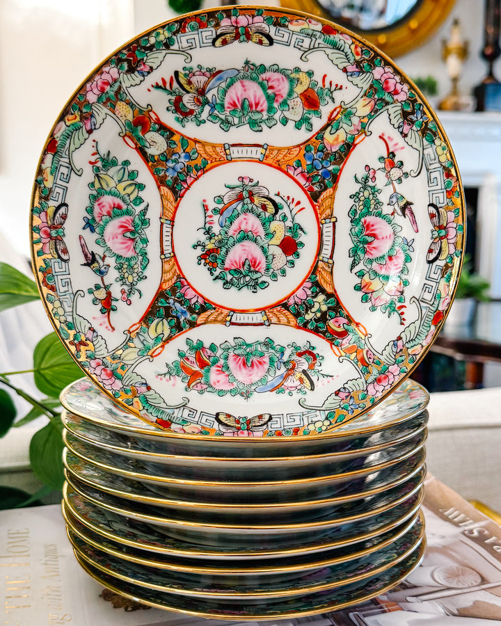 Mid-Century Famille Rose Canton Luncheon Plates, Complete Set of 12