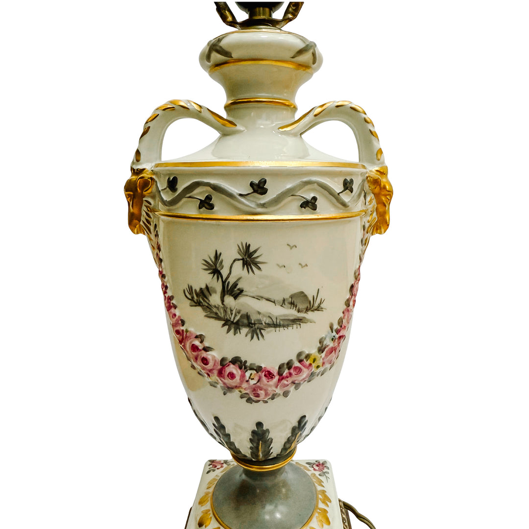 Hand-Painted Regency Style Porcelain Urn Lamp with Gilt Ram Heads
