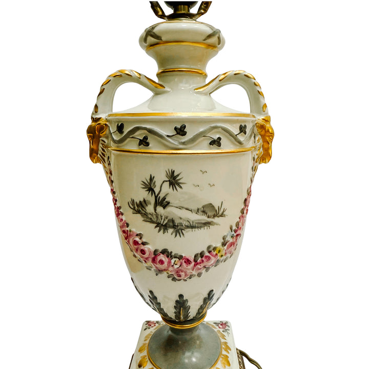Hand-Painted Regency Style Porcelain Urn Lamp with Gilt Ram Heads