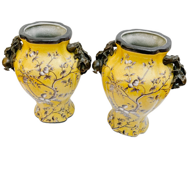 Pair Of Vintage Chinese Yellow Ceramic Vases With Bronze Ormolu