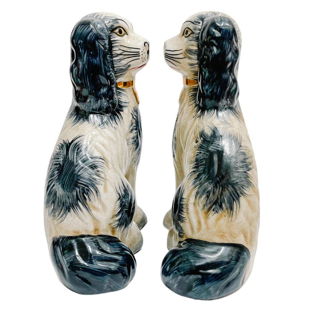 Pair Of 5.5" Navy Blue & White Staffordshire Style Spaniel Dogs