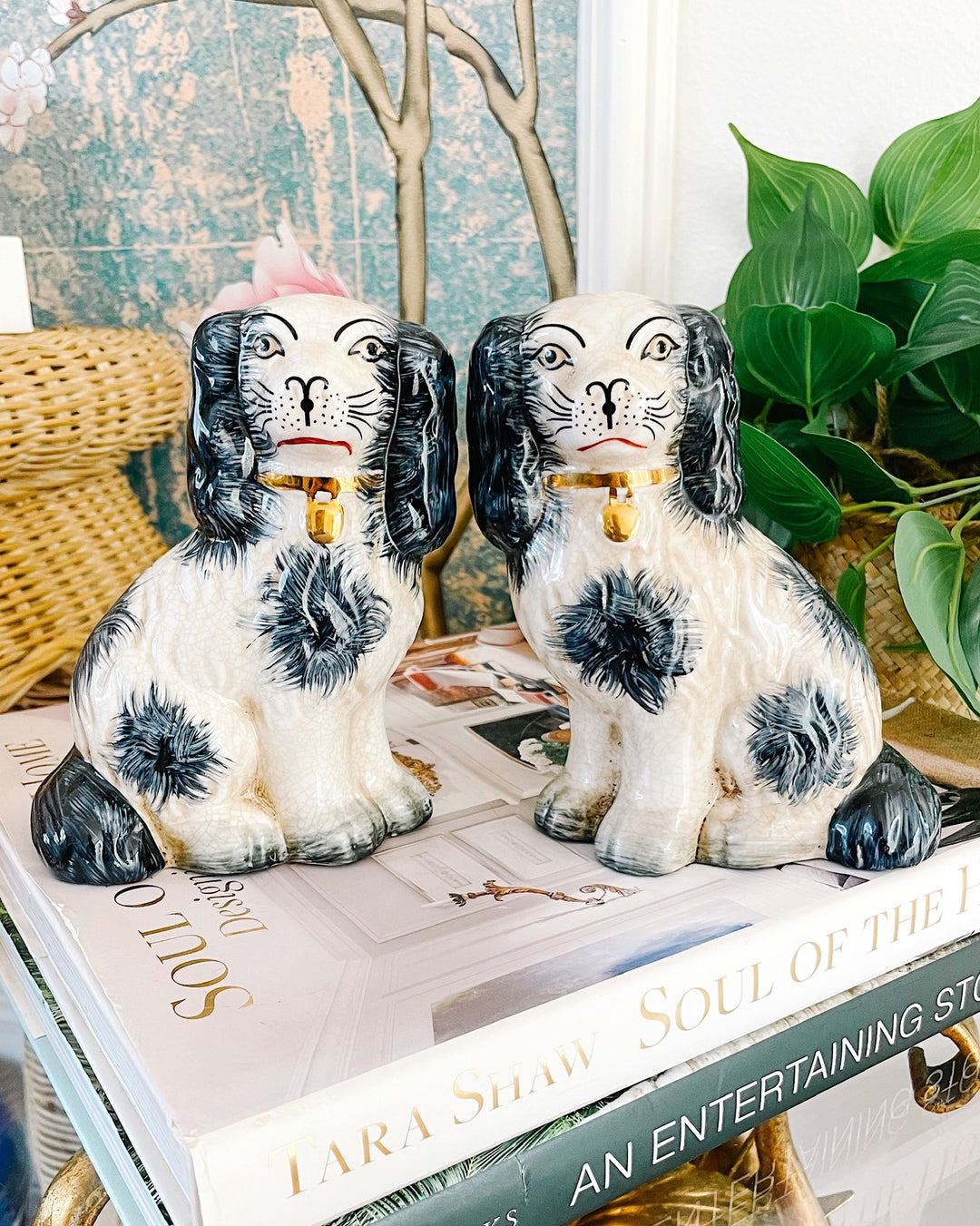 Pair Of 5.5" Blue & White Staffordshire Style Spaniel Dogs