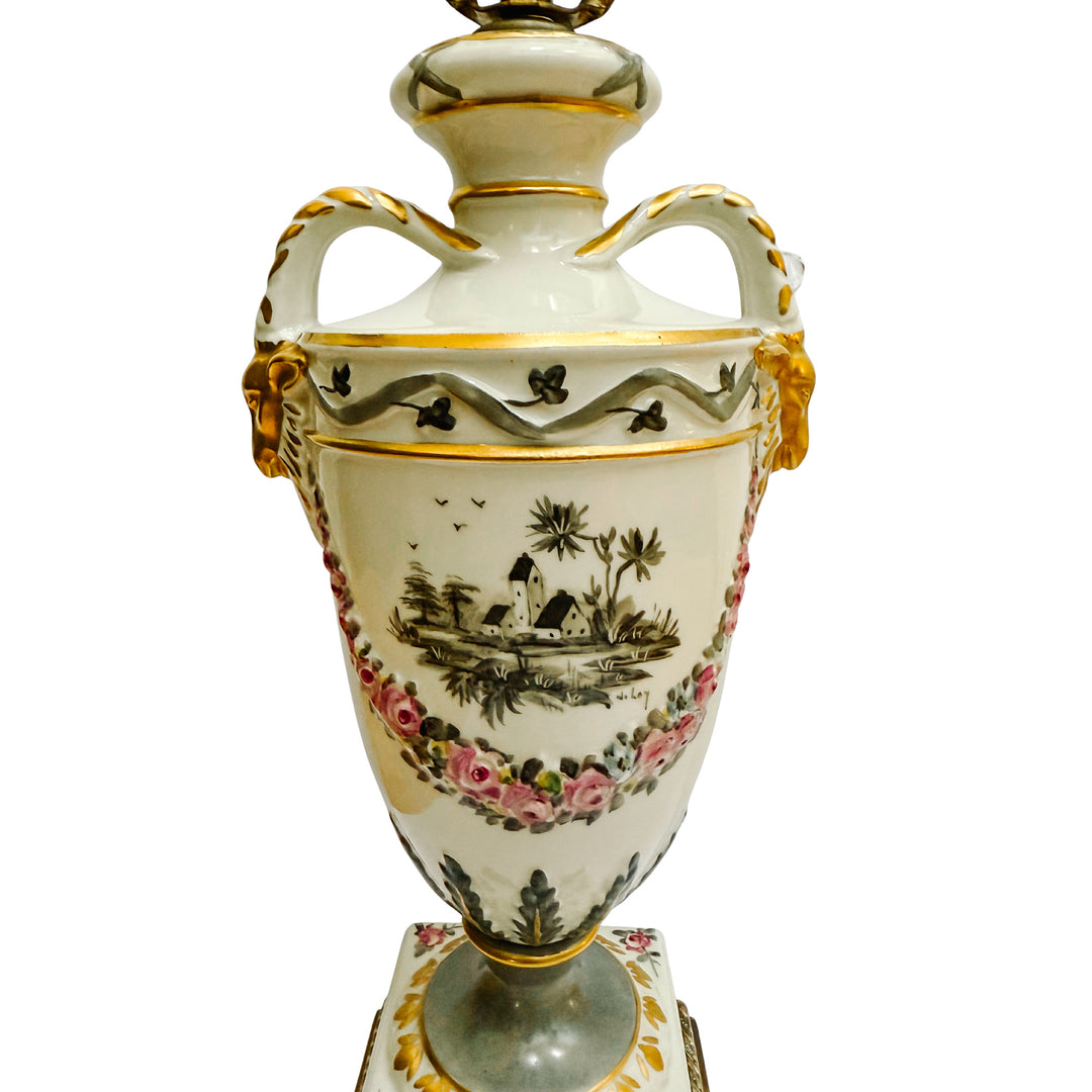 Hand-Painted Regency Style Porcelain Urn Lamp with Gilt Ram Heads