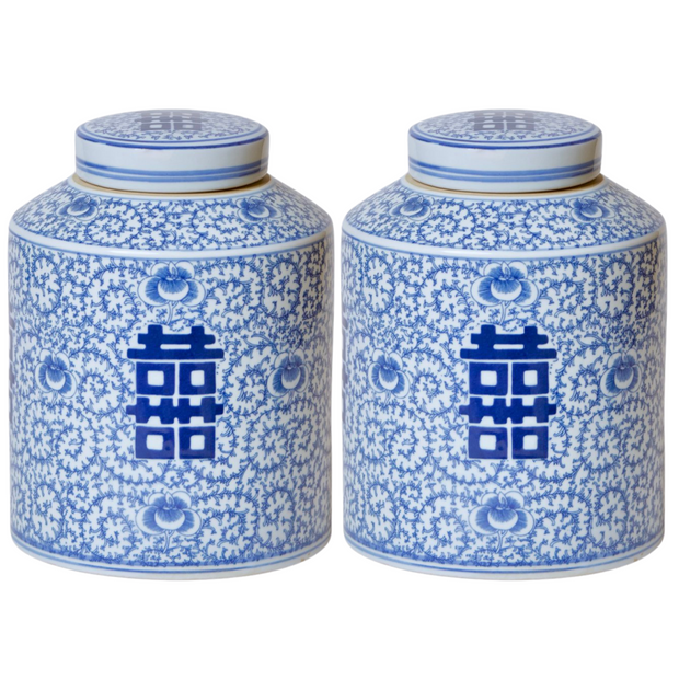 Blue & White Double Happiness Round Ginger Jars