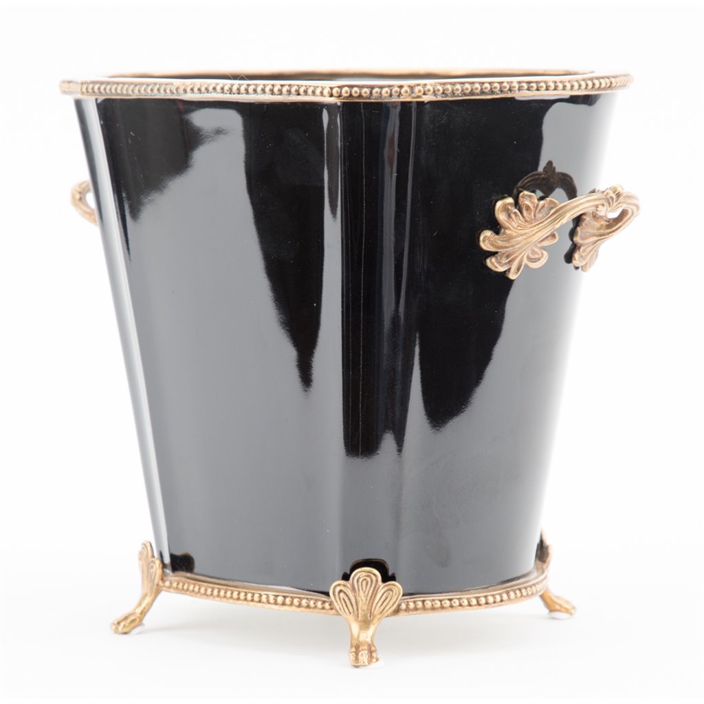 High Gloss Black Porcelain Oval Cachepot With Bronze Ormolu