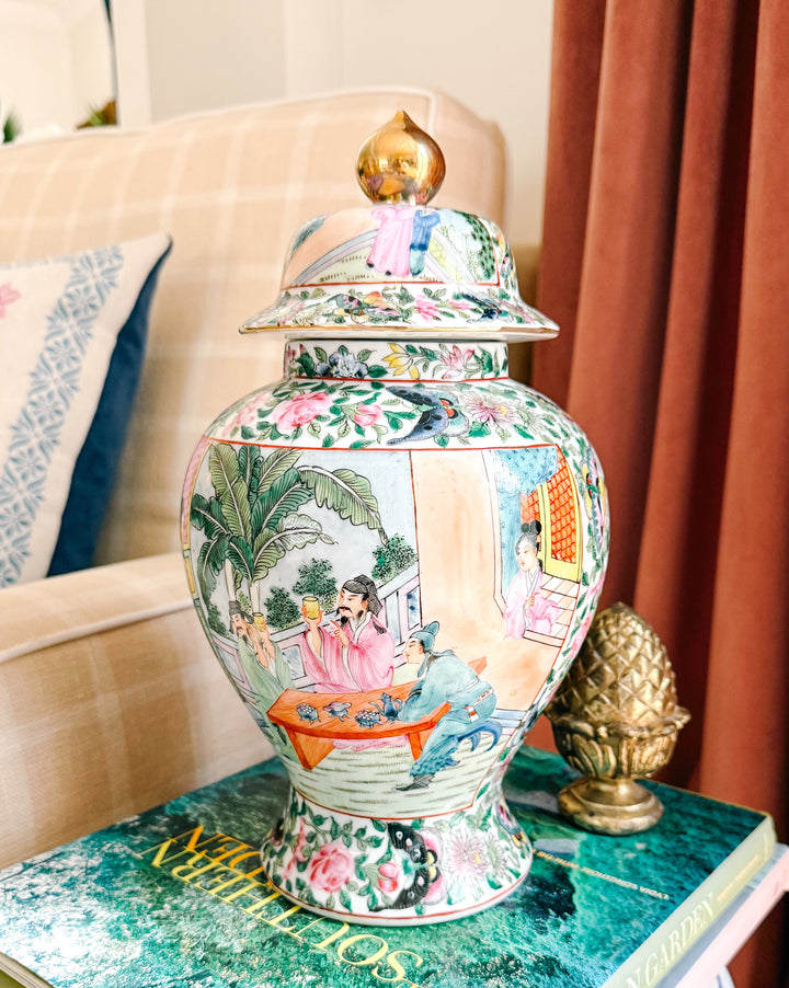 Vintage Rose Medallion Chinoiserie Temple Jar