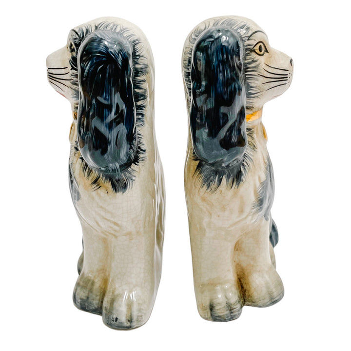 Pair Of 5.5" Navy Blue & White Staffordshire Style Spaniel Dogs