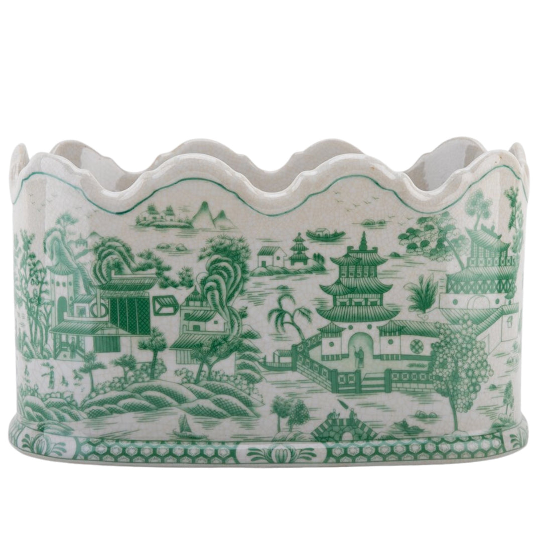 Green Willow Chinoiserie Ceramic Oval Cachepot