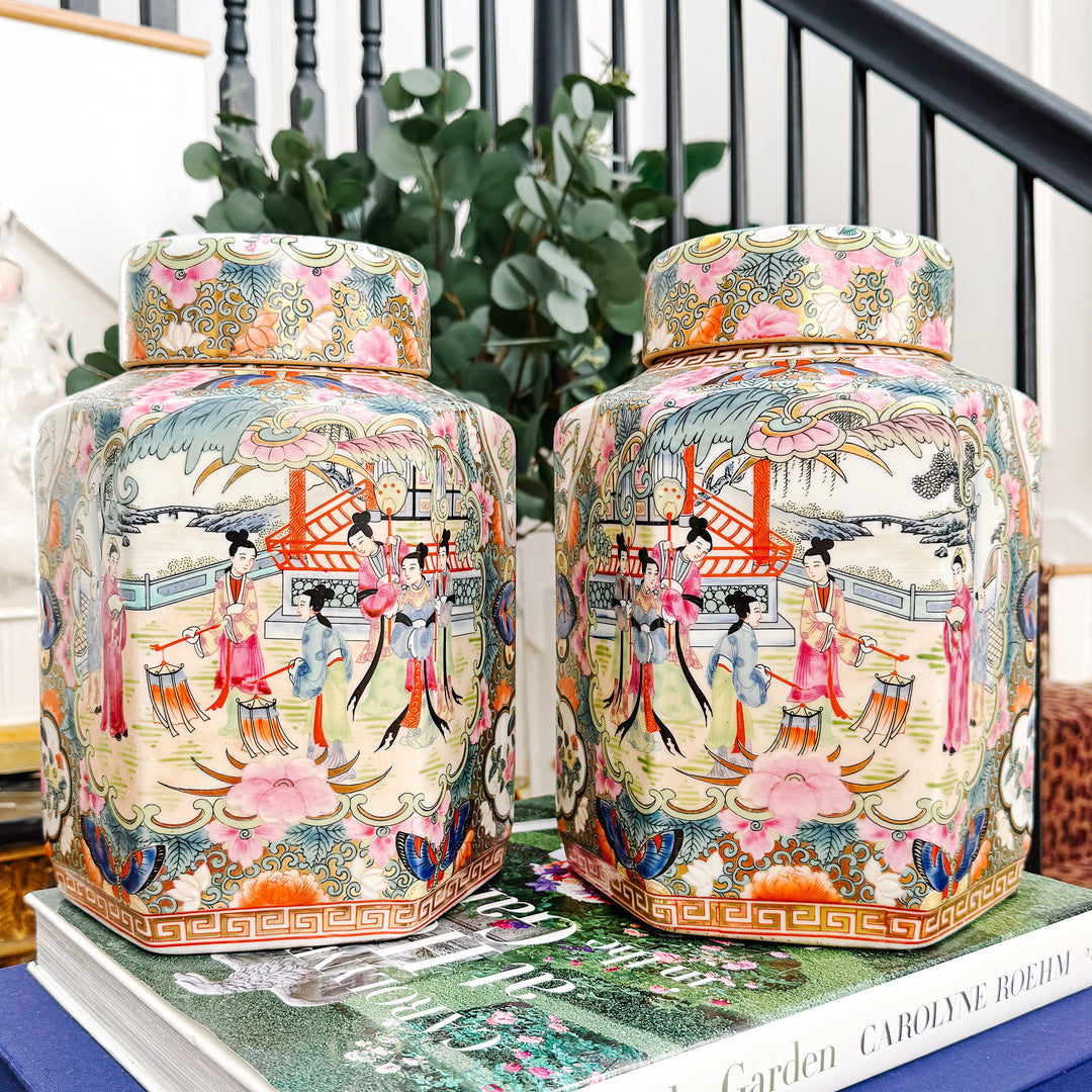 Pair of Famille Rose Medallion Hexagonal Jars