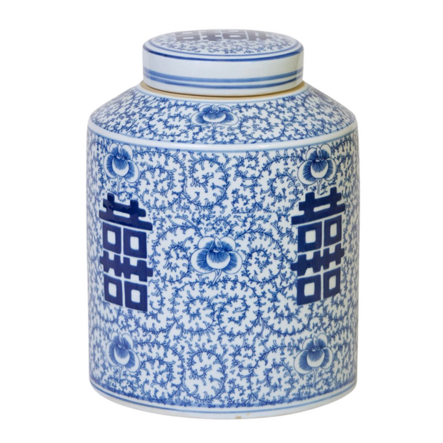 Blue & White Double Happiness Round Ginger Jars