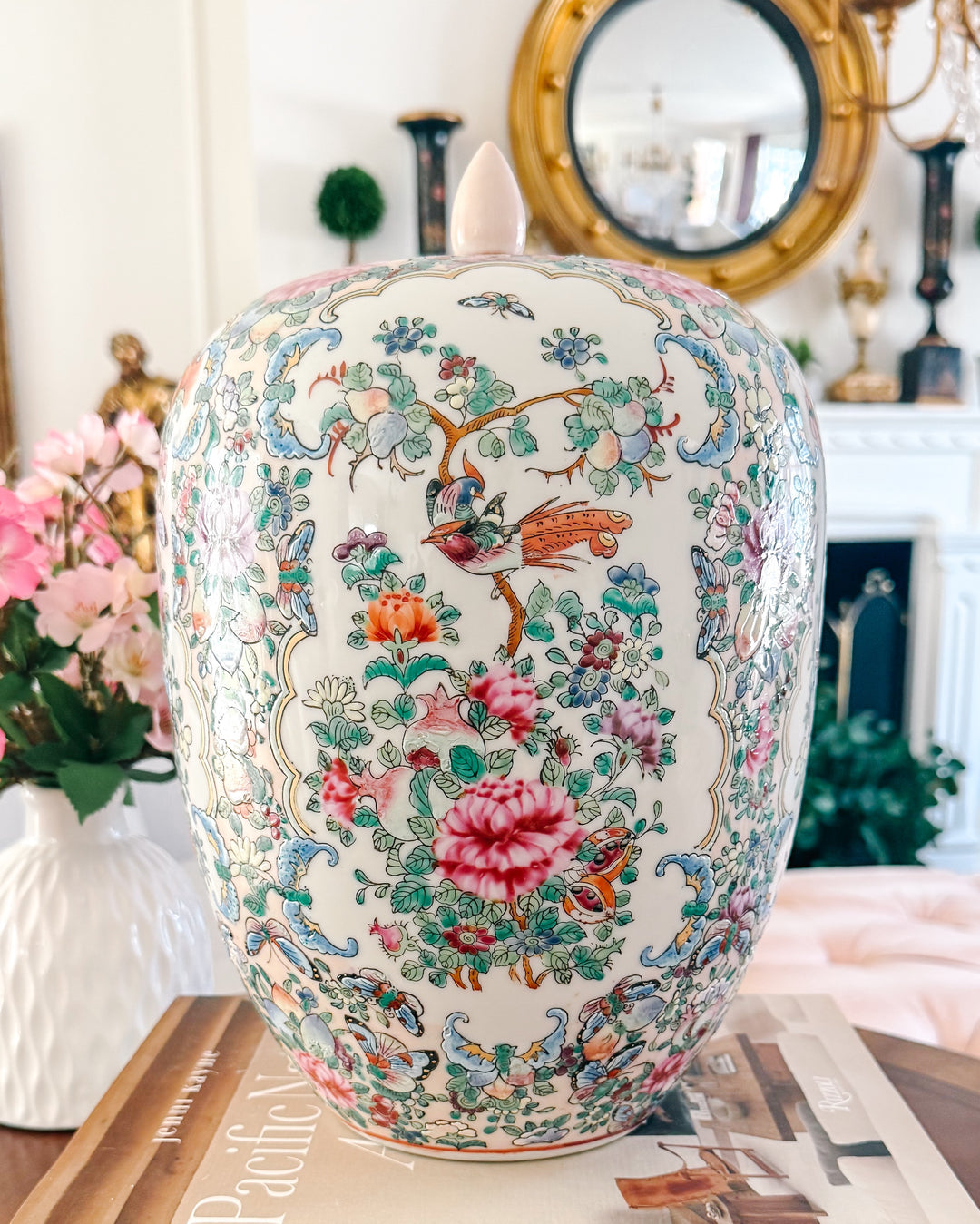 Large Mid-Century Chinese Export Famille Rose Porcelain Ginger Jar with Lid