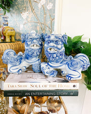 Vintage Pair Of Blue & White Shishi Guardian Lions