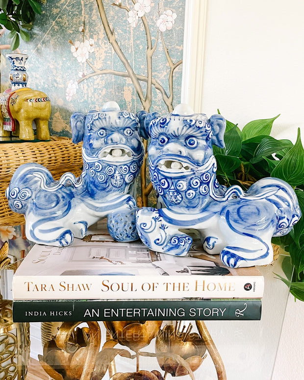 Vintage Pair Of Blue & White Shishi Guardian Lions