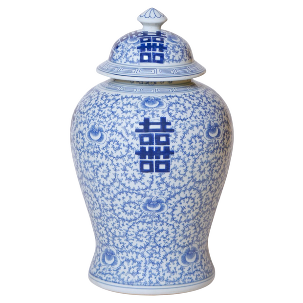 Large 21” Blue & White Double Happiness Temple Jar