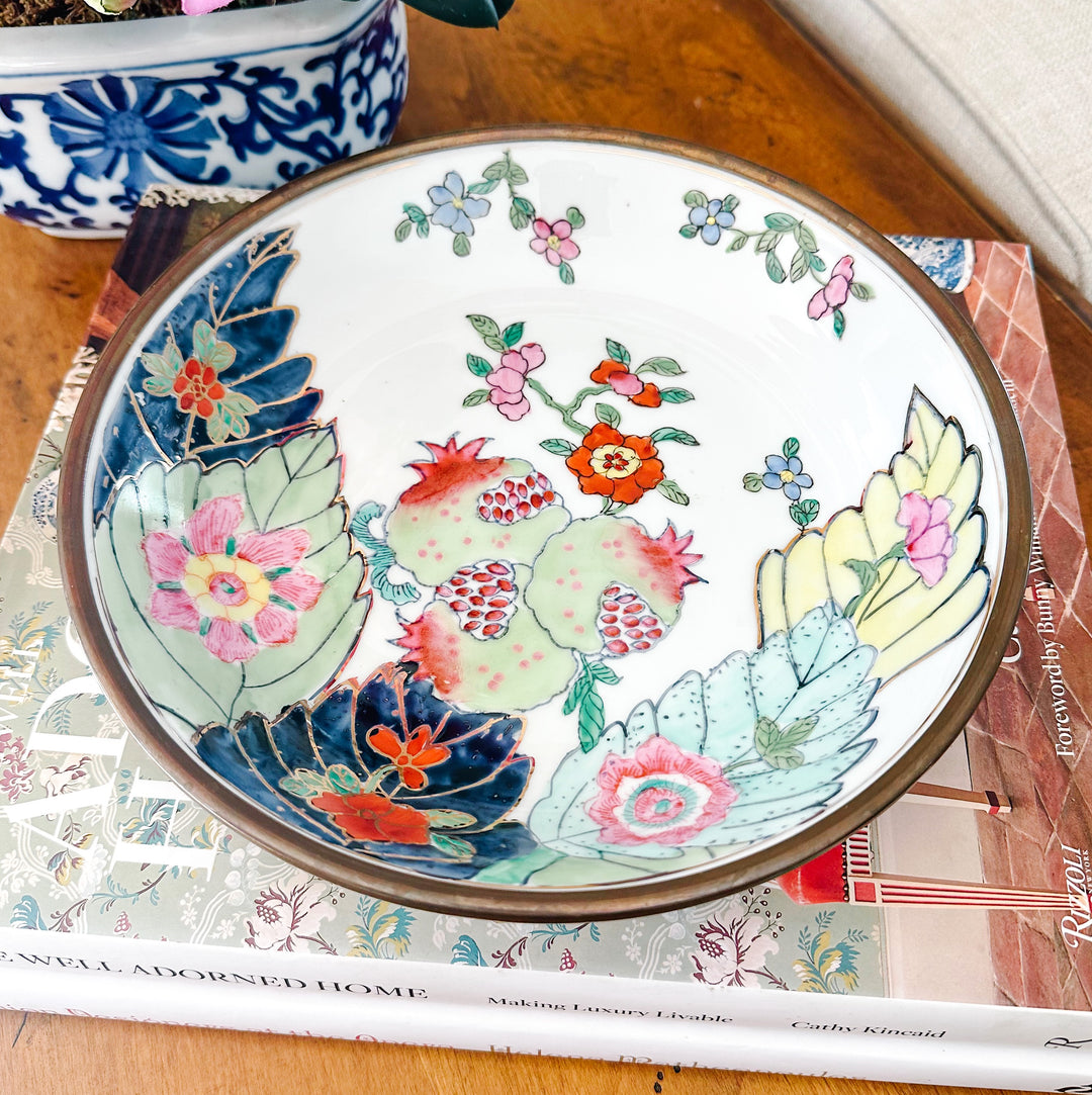 Hand-Painted Tobacco Leaf & Pomegranates Brass Encased Bowl