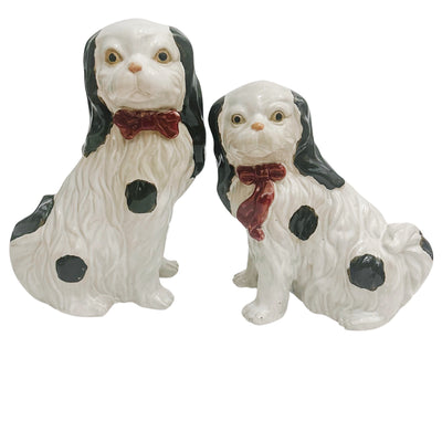 Pair Of Vintage Staffordshire Glazed Pottery Spaniel Cavaliers with red bows