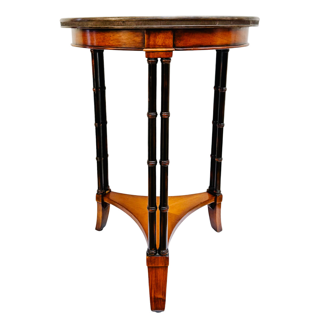 American Regency Revival Mahogany Martini Accent Table With Faux Bamboo Legs & Brass Gallery