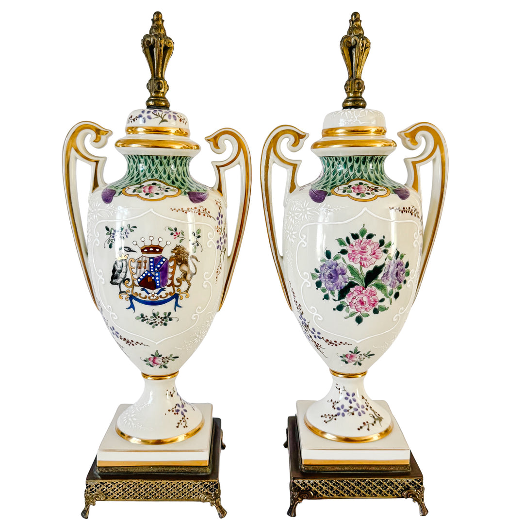 Antique 19th C. French Edmé Samson Hand-Painted Armorial Urns With Gilt Bronze Mounts