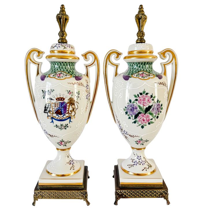 Antique 19th C. French Edmé Samson Hand-Painted Armorial Urns With Gilt Bronze Mounts