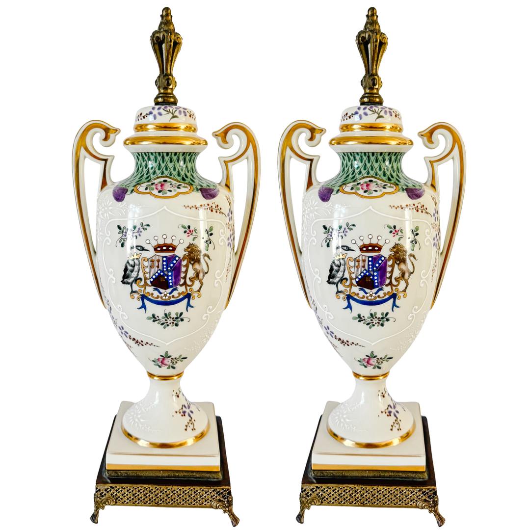 Antique 19th C. French Edmé Samson Hand-Painted Armorial Urns With Gilt Bronze Mounts