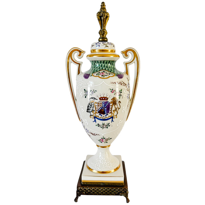 Antique 19th C. French Edmé Samson Hand-Painted Armorial Urns With Gilt Bronze Mounts