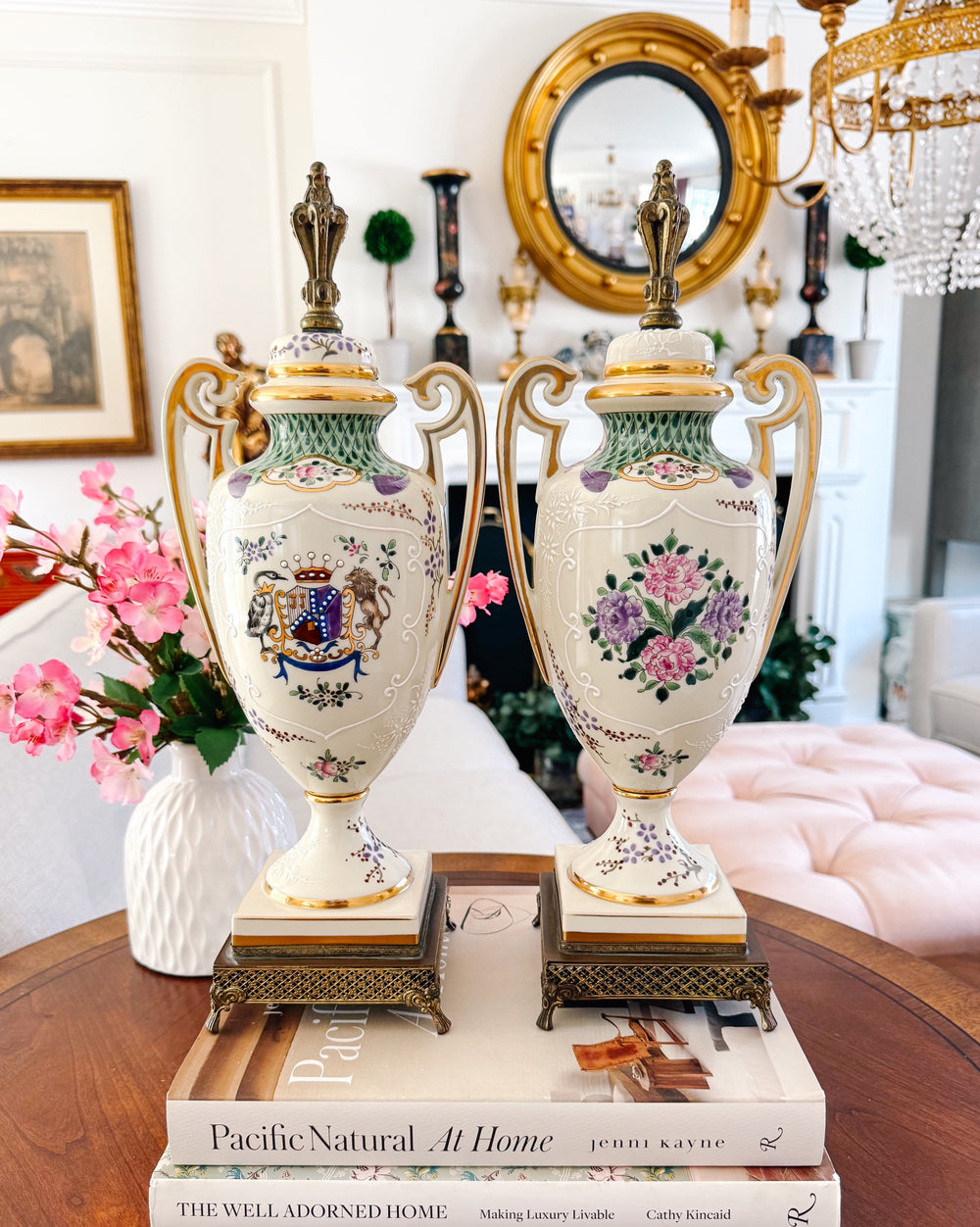 Antique 19th C. French Edmé Samson Hand-Painted Armorial Urns With Gilt Bronze Mounts