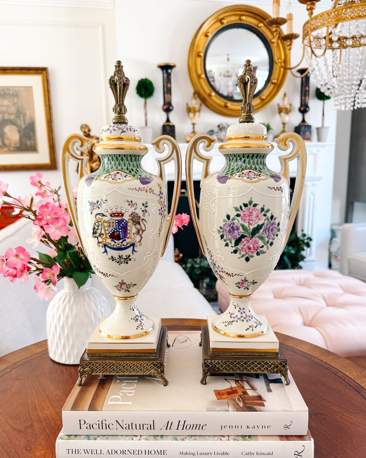 Antique 19th C. French Edmé Samson Hand-Painted Armorial Urns With Gilt Bronze Mounts