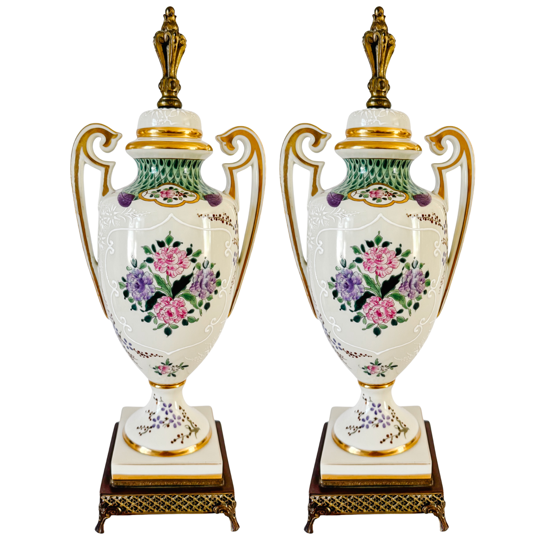 Antique 19th C. French Edmé Samson Hand-Painted Armorial Urns With Gilt Bronze Mounts