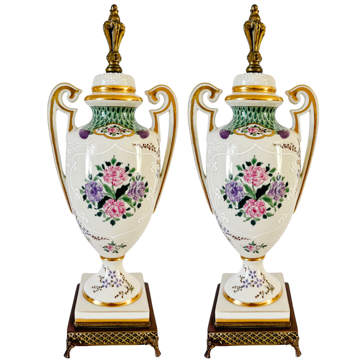 Antique 19th C. French Edmé Samson Hand-Painted Armorial Urns With Gilt Bronze Mounts