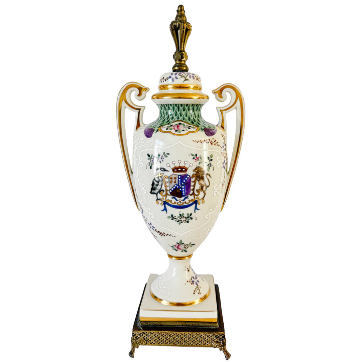 Antique 19th C. French Edmé Samson Hand-Painted Armorial Urns With Gilt Bronze Mounts