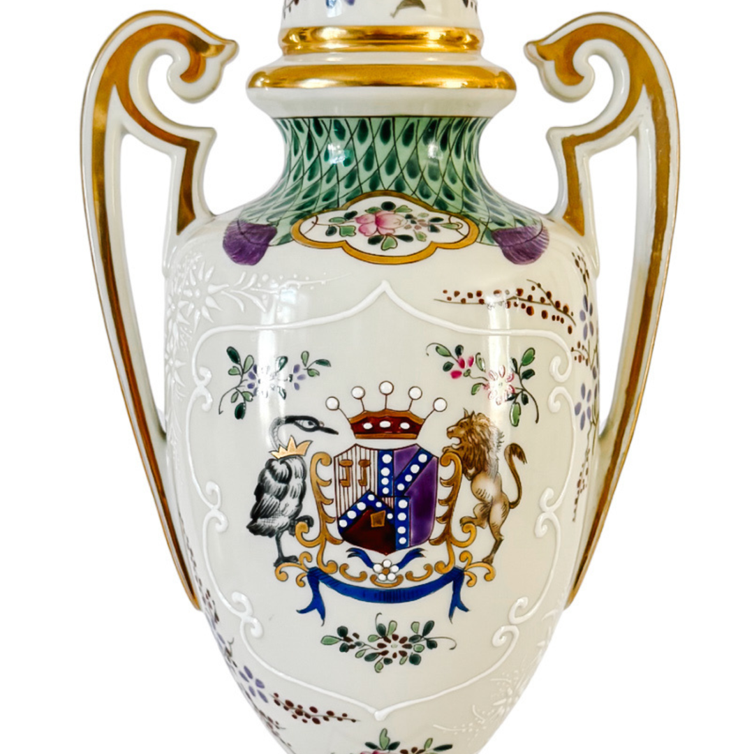 Antique 19th C. French Edmé Samson Hand-Painted Armorial Urns With Gilt Bronze Mounts