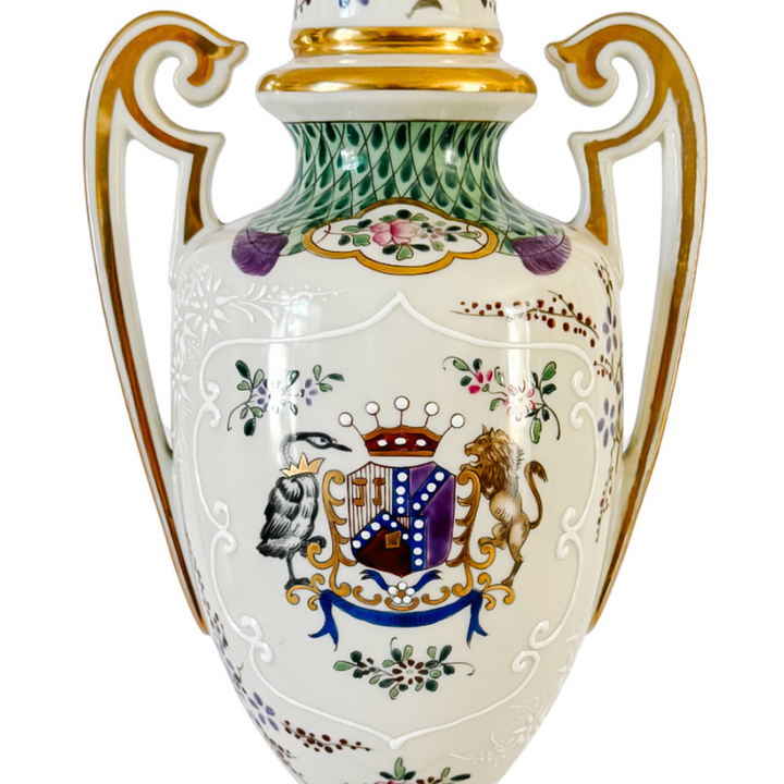 Antique 19th C. French Edmé Samson Hand-Painted Armorial Urns With Gilt Bronze Mounts