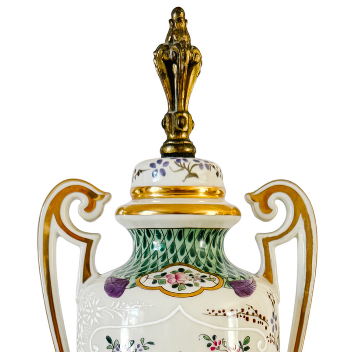 Antique 19th C. French Edmé Samson Hand-Painted Armorial Urns With Gilt Bronze Mounts