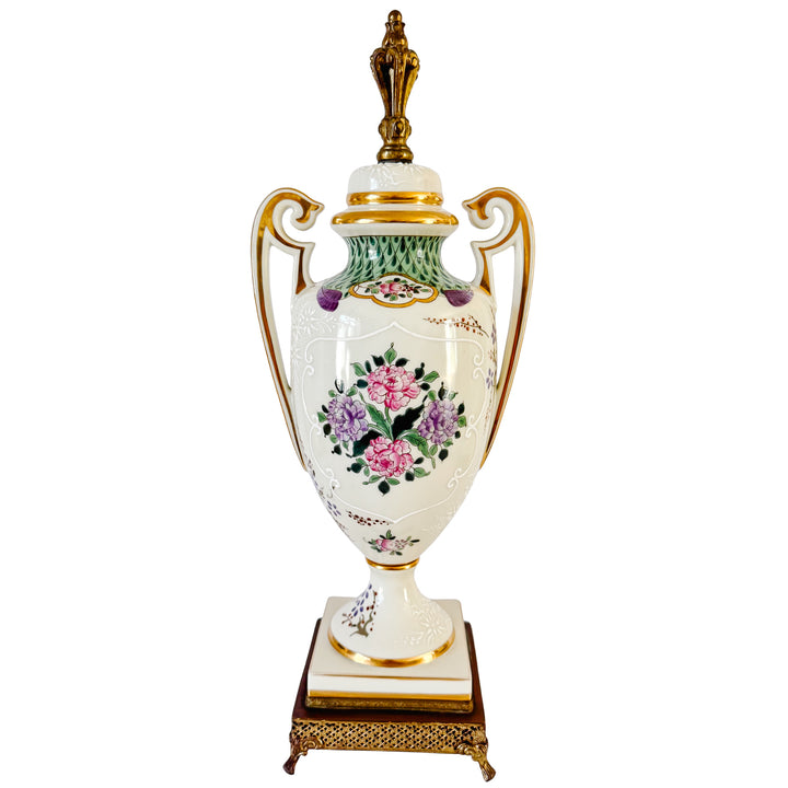 Antique 19th C. French Edmé Samson Hand-Painted Armorial Urns With Gilt Bronze Mounts