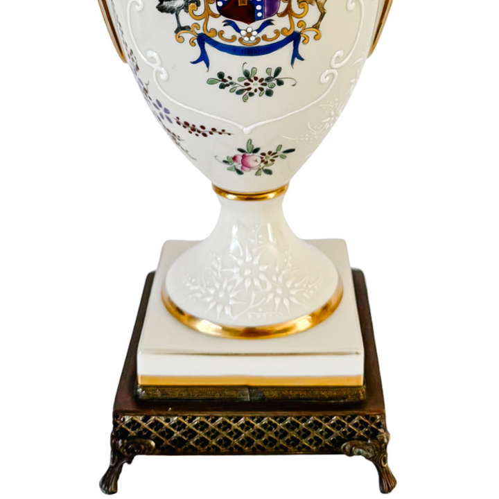Antique 19th C. French Edmé Samson Hand-Painted Armorial Urns With Gilt Bronze Mounts