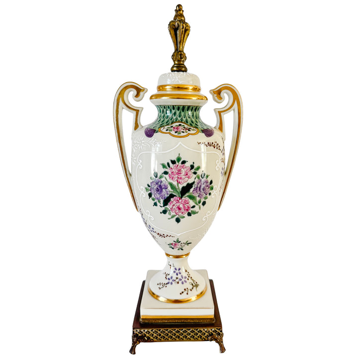 Antique 19th C. French Edmé Samson Hand-Painted Armorial Urns With Gilt Bronze Mounts