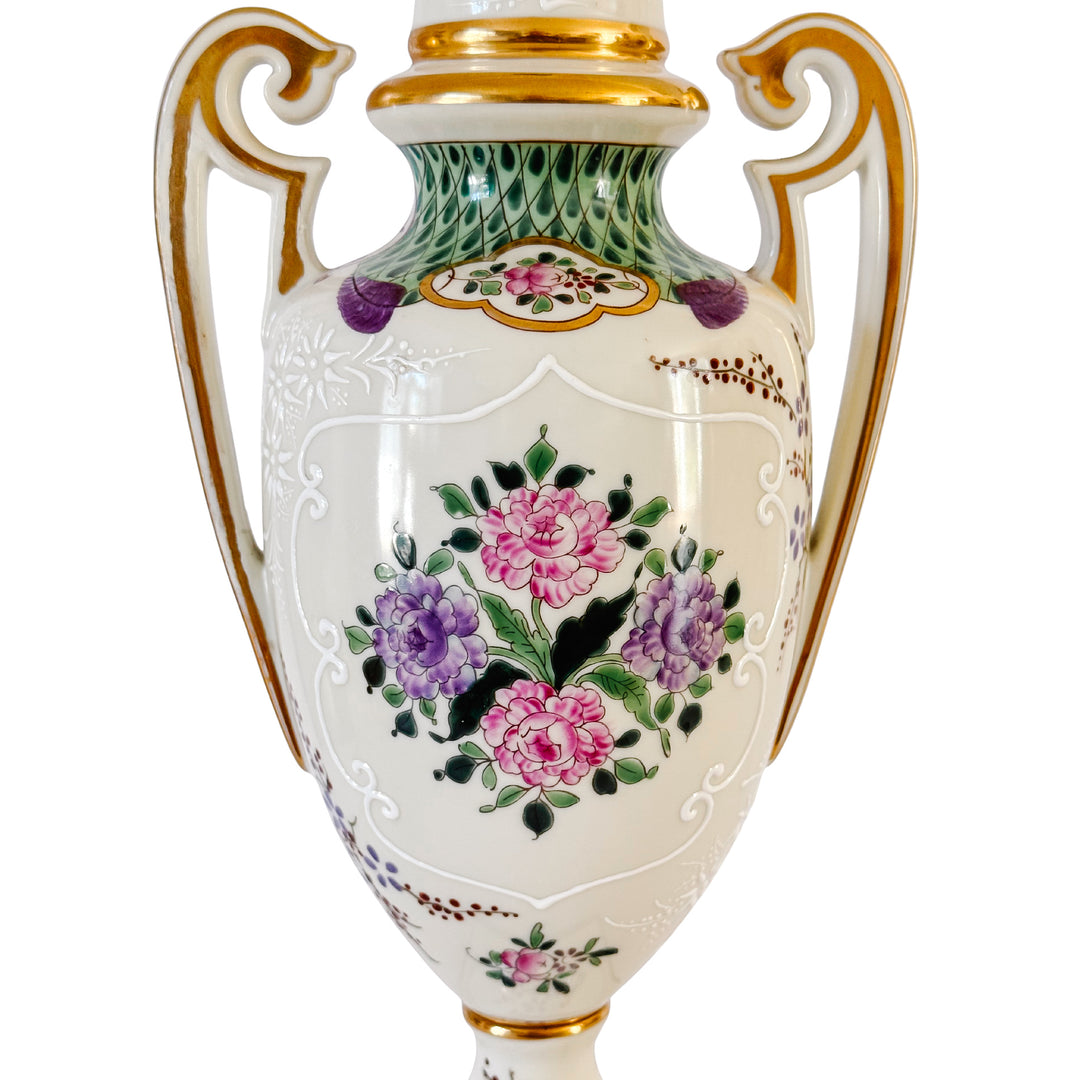 Antique 19th C. French Edmé Samson Hand-Painted Armorial Urns With Gilt Bronze Mounts