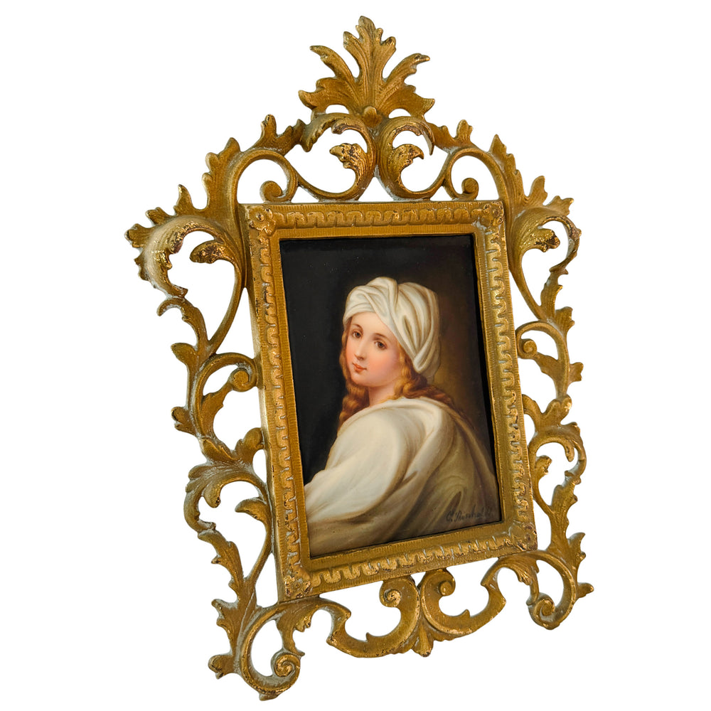 Antique 19th C. German Porcelain Plaque of Beatrice Cenci Signed C. Russhuldt, Gilt Rococo Frame