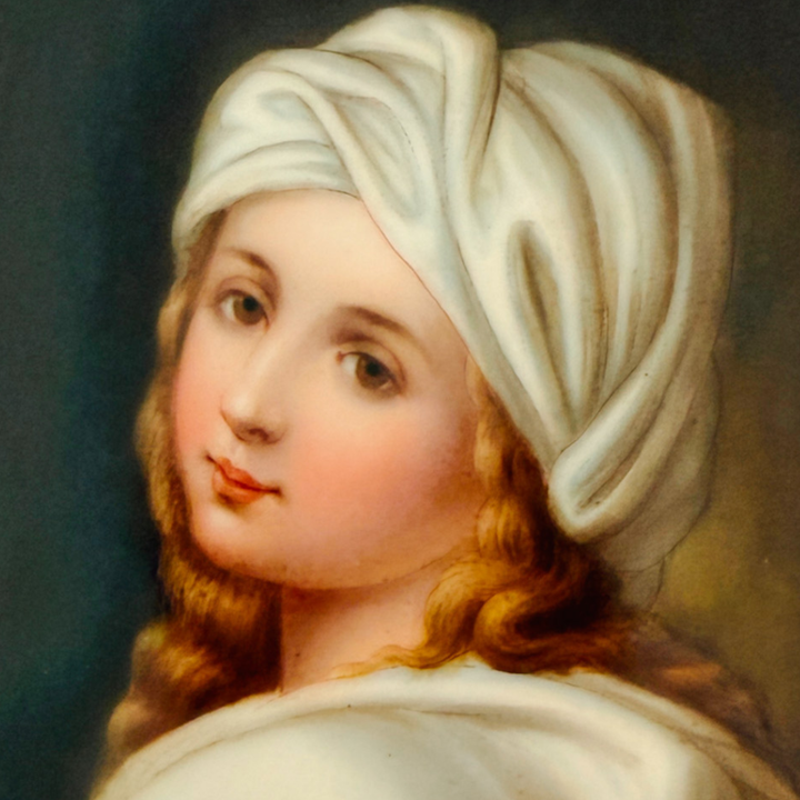 Antique 19th C. German Porcelain Plaque of Beatrice Cenci Signed C. Russhuldt, Gilt Rococo Frame