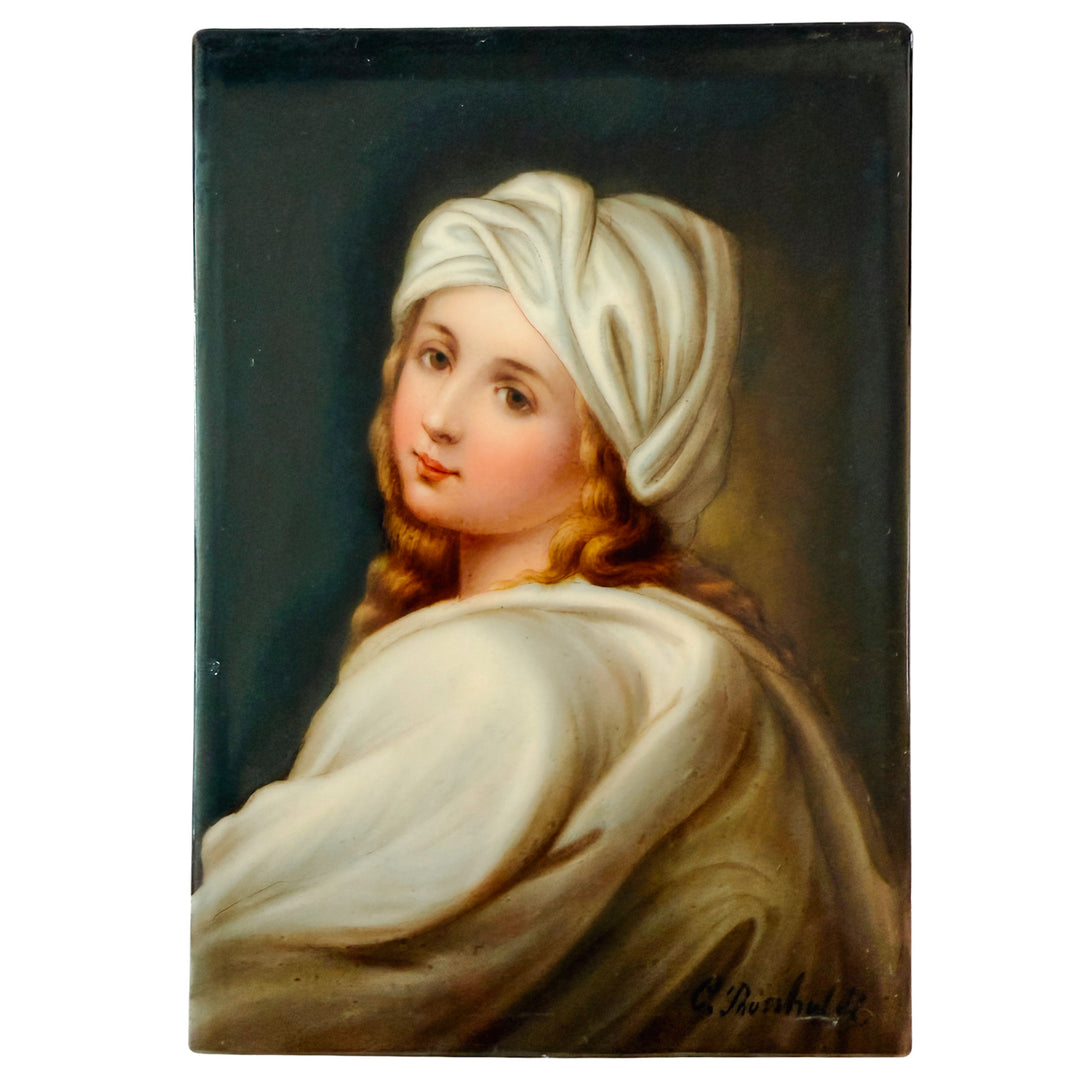 Antique 19th C. German Porcelain Plaque of Beatrice Cenci Signed C. Russhuldt, Gilt Rococo Frame
