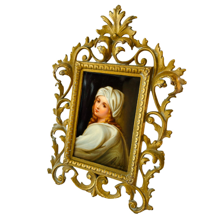 Antique 19th C. German Porcelain Plaque of Beatrice Cenci Signed C. Russhuldt, Gilt Rococo Frame