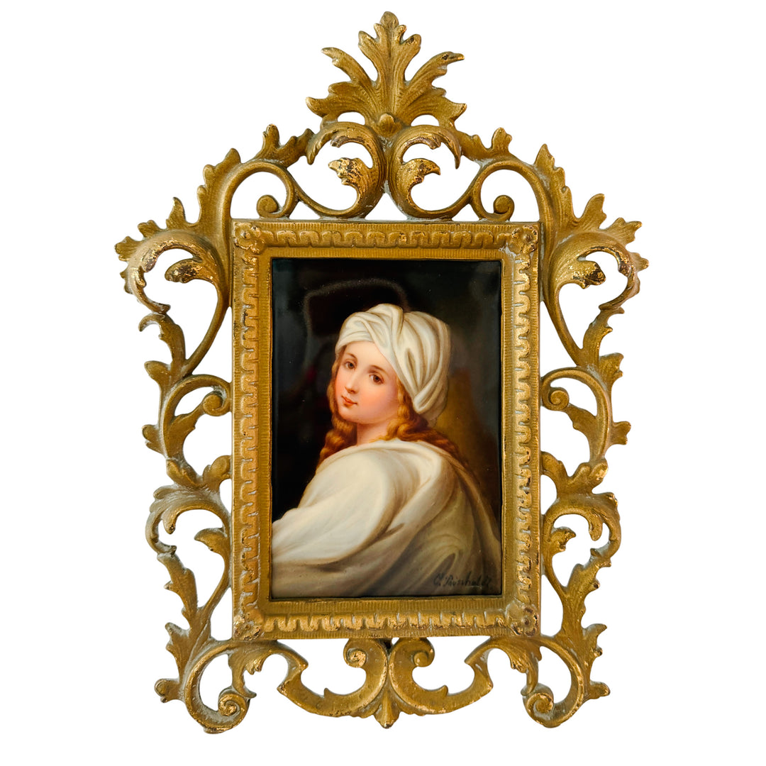 Antique 19th C. German Porcelain Plaque of Beatrice Cenci Signed C. Russhuldt, Gilt Rococo Frame