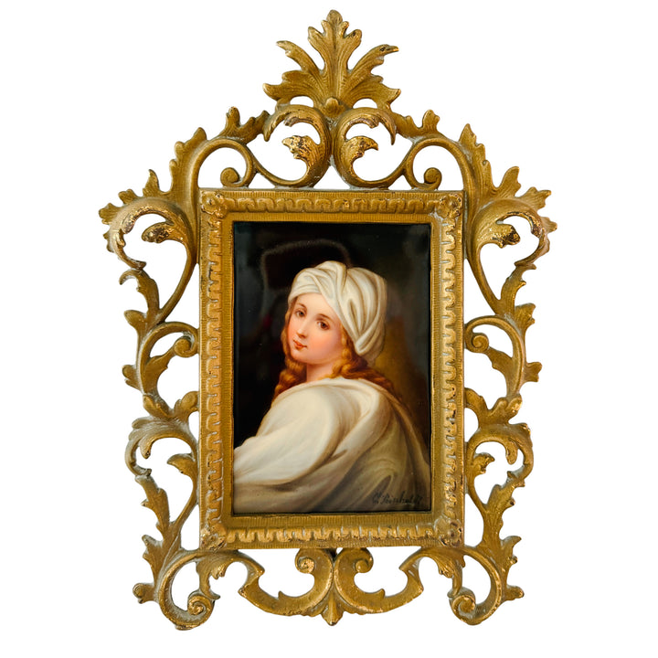 Antique 19th C. German Porcelain Plaque of Beatrice Cenci Signed C. Russhuldt, Gilt Rococo Frame