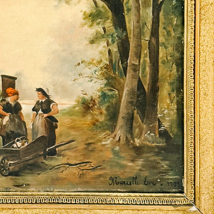 Antique 19th Century French Barbizon Style Original Oil Painting on Canvas, Signed