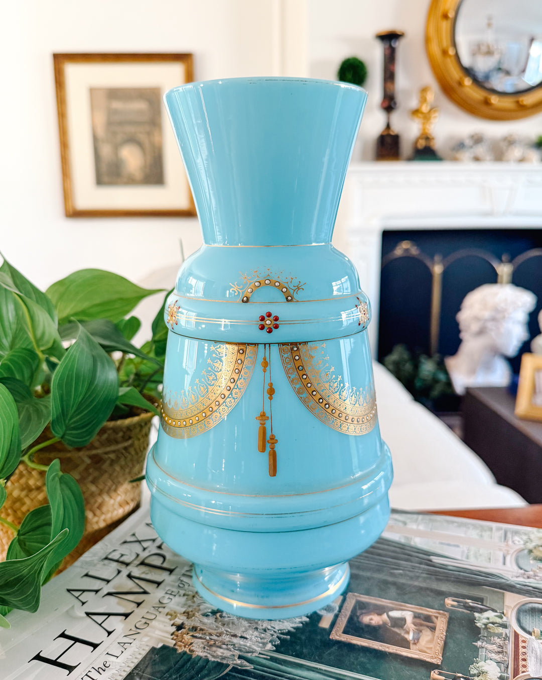 Antique 19th Century French Blue Celeste Opaline Glass Vase With Hand-Painted Jeweled Enamel
