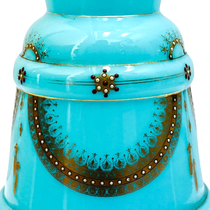 Antique 19th Century French Blue Celeste Opaline Glass Vase With Hand-Painted Jeweled Enamel