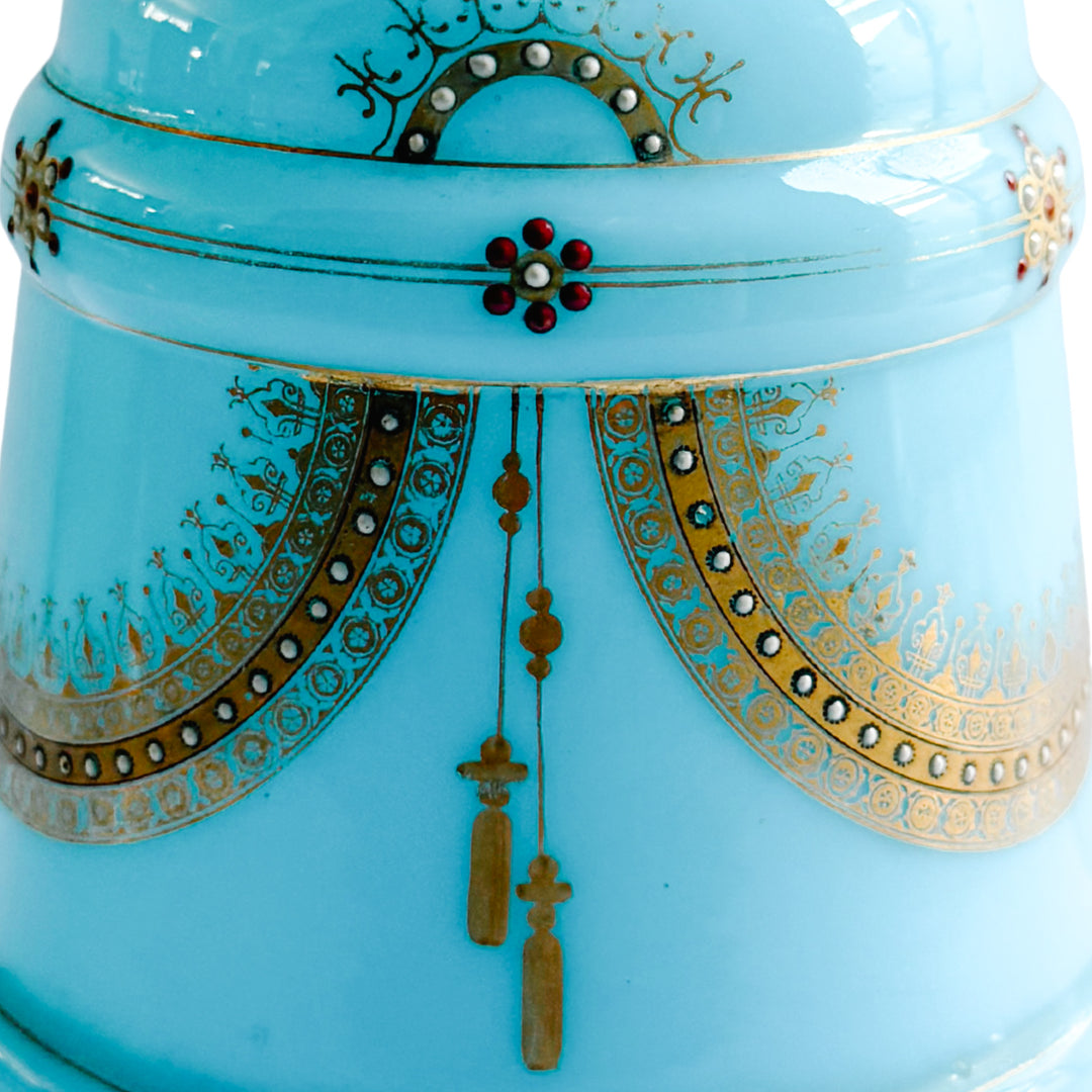 Antique 19th Century French Blue Celeste Opaline Glass Vase With Hand-Painted Jeweled Enamel