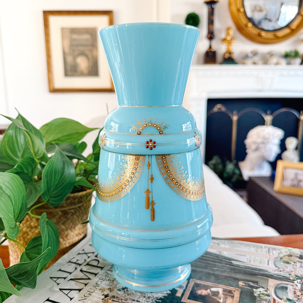 Antique 19th Century French Blue Celeste Opaline Glass Vase With Hand-Painted Jeweled Enamel