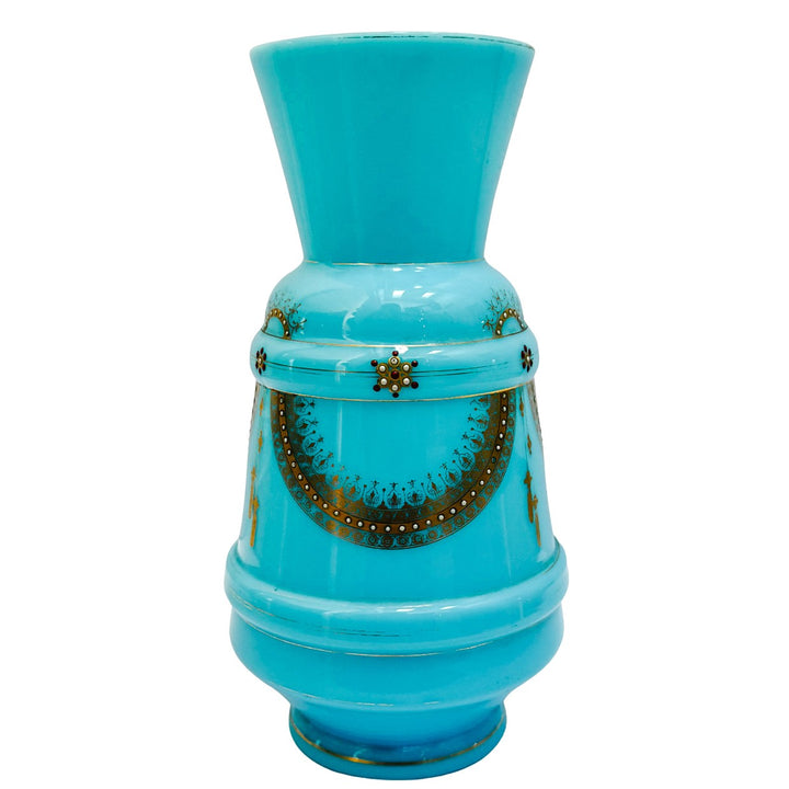 Antique 19th Century French Blue Celeste Opaline Glass Vase With Hand-Painted Jeweled Enamel
