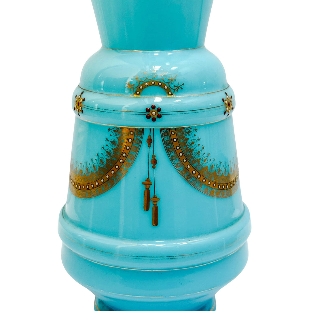 Antique 19th Century French Blue Celeste Opaline Glass Vase With Hand-Painted Jeweled Enamel